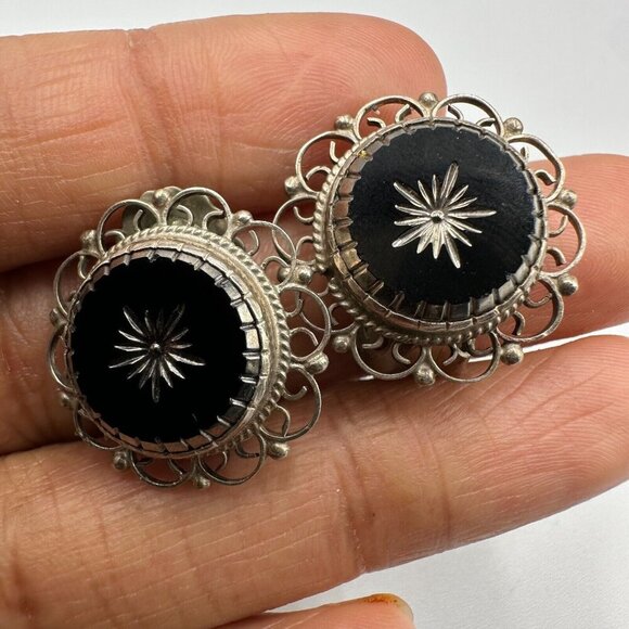 Vintage Sterling Silver Clip On Earrings ALC Guadalajara Black Intaglio 0.5" - Picture 1 of 14